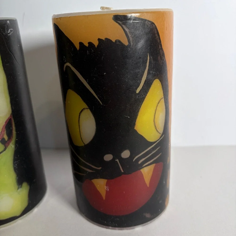 VTG Style Halloween Pillar Candles Set Green Witch Black Cat Fangs 6in Decor